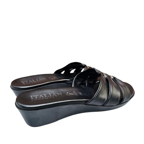 Black Mini Wedge Sandals Italian Shoemakers Bade Size 10 Strappy Slides Silver - Picture 7 of 12